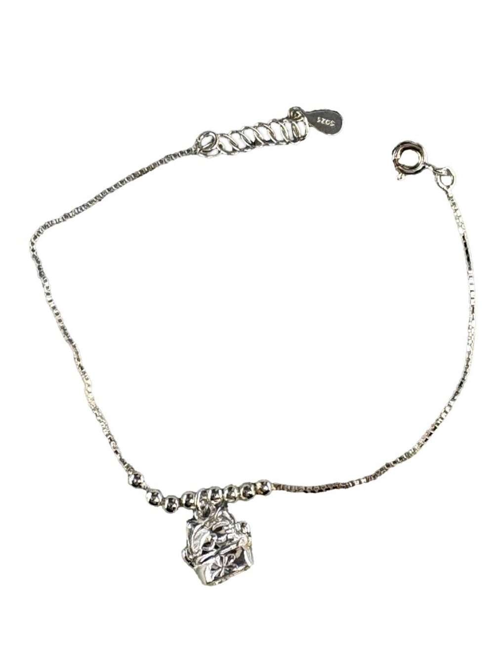 Solid 925 Sterling Silver Lucky Cat Charm Box Bracelet - Adjustable 6.3+1" 2.32g